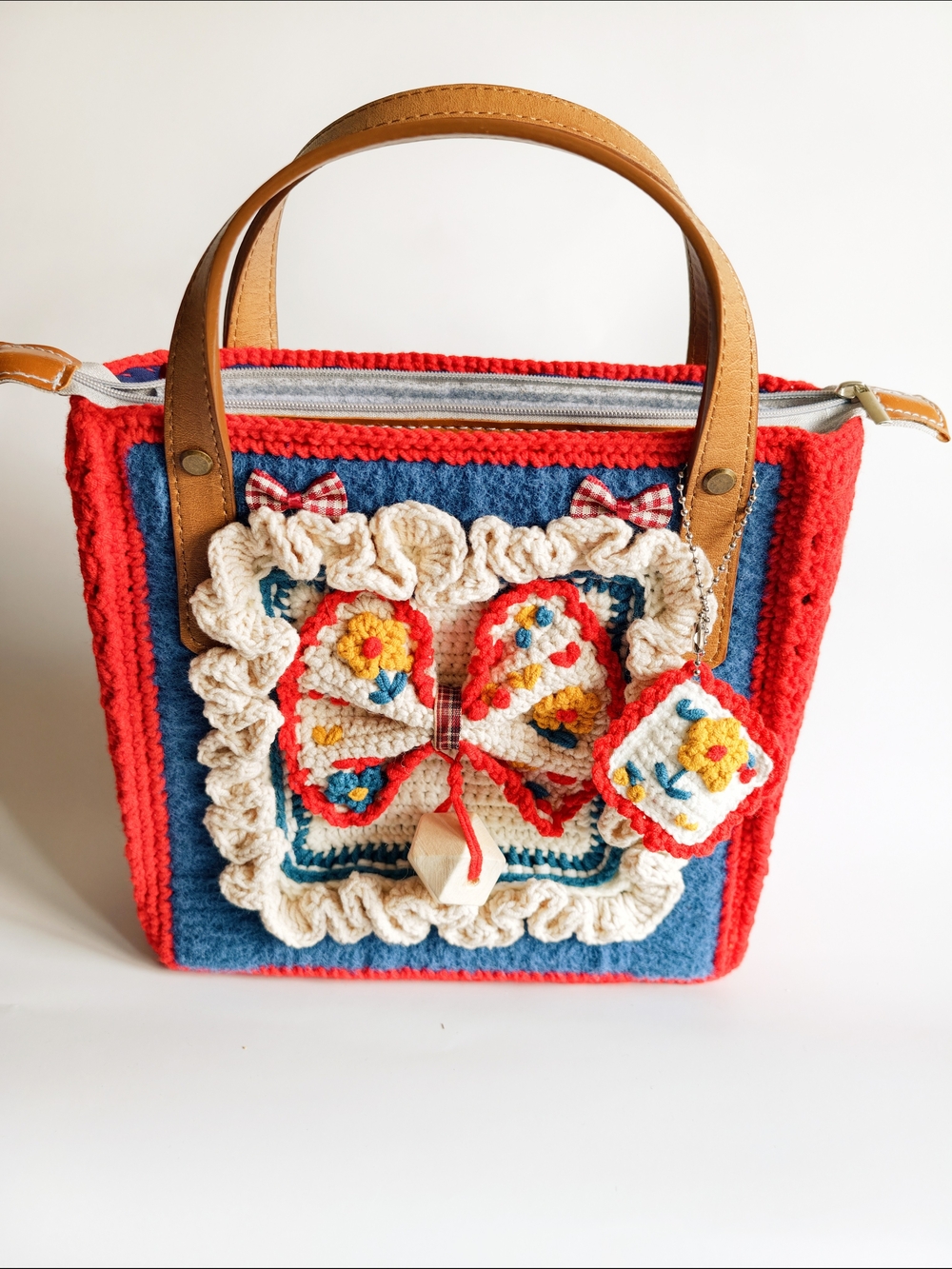Handmade Crochet Floral Tote Bag in Red & Blue